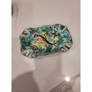 Vintage‎ Cerart Monaco Fish Ashtray Hand Painted Seascape Seashells Gold Accents